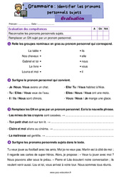 Identifier les pronoms personnels sujets - Évaluation de grammaire : 2eme Primaire - PDF à imprimer