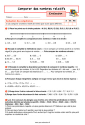 Comparer des nombres relatifs - Examen Evaluation avec la correction : 1ere Secondaire - PDF à imprimer