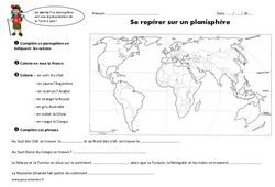 Se repérer sur un planisphère - Exercices : 3eme Primaire - PDF à imprimer