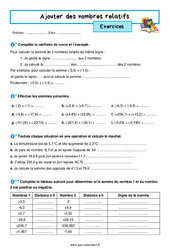 Ajouter des nombres relatifs - Exercices avec les corrigés : 1ere Secondaire - PDF à imprimer