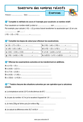 Soustraire des nombres relatifs - Exercices avec les corrigés : 1ere Secondaire - PDF à imprimer