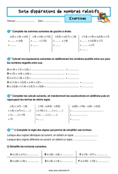 Suite d'opérations de nombres relatifs - Exercices avec les corrigés : 1ere Secondaire - PDF à imprimer
