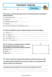 Expression littérale - Exercices avec les corrigés : 1ere Secondaire - PDF à imprimer