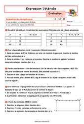 Expression littérale - Examen Evaluation avec la correction : 1ere Secondaire - PDF à imprimer