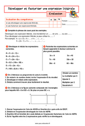 Développer et factoriser une expression littérale - Examen Evaluation avec la correction : 1ere Secondaire - PDF à imprimer