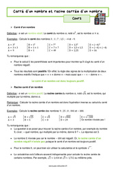 Carré d'un nombre et racine carrée d'un nombre - Séquence complète : 2eme Secondaire - PDF à imprimer