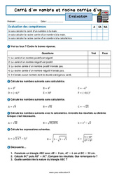 Carré d'un nombre et racine carrée d'un nombre - Examen Evaluation avec la correction : 2eme Secondaire - PDF à imprimer