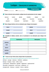 Synonymes et antonymes - Exercices avec les corrigés : 1ere Secondaire - PDF à imprimer