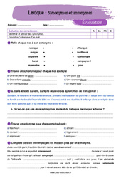 Synonymes et antonymes - Examen Evaluation avec la correction : 1ere Secondaire - PDF à imprimer