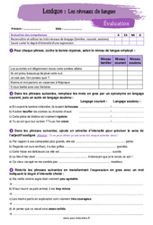 Les niveaux de la langue - Examen Evaluation avec la correction : 1ere Secondaire - PDF à imprimer