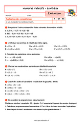 Synthèse sur les nombres relatifs - Examen Evaluation avec la correction : 1ere Secondaire - PDF à imprimer
