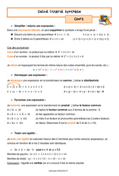 Synthèse sur le calcul littéral - Séquence complète : 1ere Secondaire - PDF à imprimer