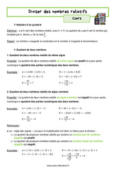 Diviser des nombres relatifs - Cours : 1ere Secondaire - PDF à imprimer