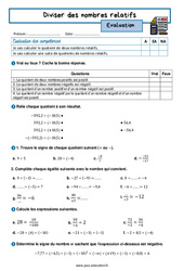 Diviser des nombres relatifs - Examen Evaluation avec la correction : 1ere Secondaire - PDF à imprimer