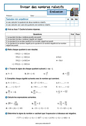 Diviser des nombres relatifs - Examen Evaluation avec la correction : 2eme Secondaire - PDF à imprimer