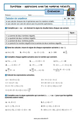 Opérations avec des nombres relatifs (Synthèse) - Examen Evaluation avec la correction : 2eme Secondaire - PDF à imprimer