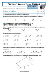 Addition et soustraction de fractions - Examen Evaluation avec la correction : 2eme Secondaire - PDF à imprimer