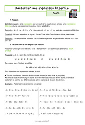 Factoriser une expression littérale - Cours : 2eme Secondaire - PDF à imprimer