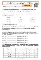 Factoriser une expression littérale - Exercices avec les corrigés : 2eme Secondaire - PDF à imprimer