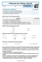 Puissances de nombres relatifs - Examen Evaluation avec la correction : 2eme Secondaire - PDF à imprimer
