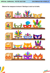Masques de carnaval - Discrimination visuelle : 1ere Maternelle - Cycle Fondamental - PDF à imprimer