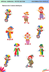 3 clowns - Discrimination visuelle : 1ere Maternelle - Cycle Fondamental - PDF à imprimer