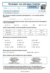 Développer une expression littérale - Examen Evaluation avec la correction : 2eme Secondaire - PDF à imprimer