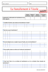 Le harcèlement à l’école - Examen Evaluation - EMC : 4eme, 5eme Primaire - PDF à imprimer