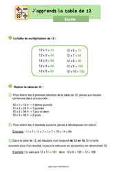 Apprendre la table de 12 - Cours, Leçon : 2eme Primaire - PDF gratuit à imprimer