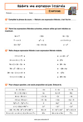 Réduire une expression littérale - Exercices avec les corrigés : 2eme Secondaire - PDF à imprimer
