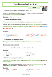 Synthèse calcul littéral - Cours : 2eme Secondaire - PDF à imprimer