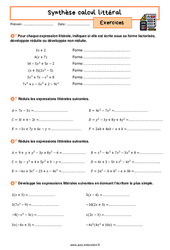 Synthèse calcul littéral - Exercices avec les corrigés : 2eme Secondaire - PDF à imprimer
