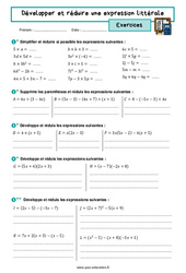 Développer et réduire une expression littérale - Exercices avec les corrigés : 3eme Secondaire - PDF à imprimer