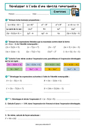 Développer à l’aide d’une identité remarquable - Exercices avec les corrigés : 3eme Secondaire - PDF à imprimer