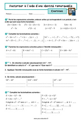 Factoriser avec une identité remarquable - Exercices avec les corrigés : 3eme Secondaire - PDF à imprimer