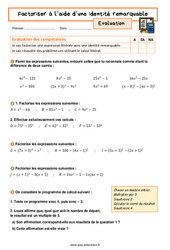 Factoriser avec une identité remarquable - Examen Evaluation avec la correction : 3eme Secondaire - PDF à imprimer