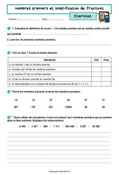 Nombres premiers et simplification de fractions - Exercices avec les corrigés : 3eme Secondaire - PDF à imprimer