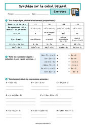 Synthèse calcul littéral - Exercices avec les corrigés : 3eme Secondaire - PDF à imprimer