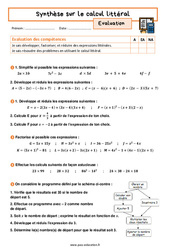 Synthèse calcul littéral - Examen Evaluation avec la correction : 3eme Secondaire - PDF à imprimer