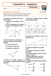 Trigonométrie - Fiches vocabulaire - Examen Evaluation avec la correction : 3eme Secondaire - PDF à imprimer