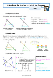 Calcul de longueur - Cours sur le théorème de Thalès : 3eme Secondaire - PDF à imprimer