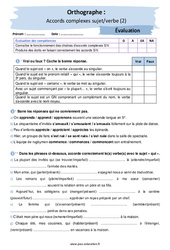 Accords complexes sujet/verbe (2) - Examen Evaluation avec la correction : 2eme Secondaire - PDF à imprimer