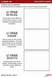 Le cirque du soleil, d'hiver et zavatta - Découverte du monde en maternelle : 2eme Maternelle - Cycle Fondamental - PDF à imprimer