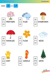 Colorie LE ou LA - Les 4 saisons - Lecture : 3eme Maternelle - Cycle Fondamental - PDF à imprimer