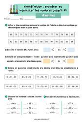 Encadrer et intercaler les nombres jusqu'à 99 - Exercices : 2eme Primaire - PDF à imprimer