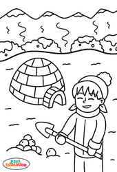 La petite fille et l'igloo - Coloriage sur l'hiver : 2eme, 3eme Maternelle, 1ere Primaire - PDF à imprimer