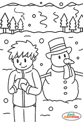 Le garçon et le bonhomme de neige - Coloriage sur l'hiver : 2eme, 3eme Maternelle, 1ere Primaire - PDF à imprimer