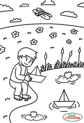 Petit bateau sur l'eau - Coloriage sur le Printemps : 2eme, 3eme Maternelle, 1ere Primaire - PDF à imprimer