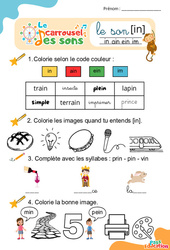 Le son [in] - Phonologie - Lecture - Le carrousel des sons : 3eme Maternelle, 1ere Primaire - PDF à imprimer