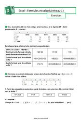 Formules et calculs (Excel) - Niveau 1 - Exercices : 3eme Secondaire - Cycle 4 - PDF à imprimer